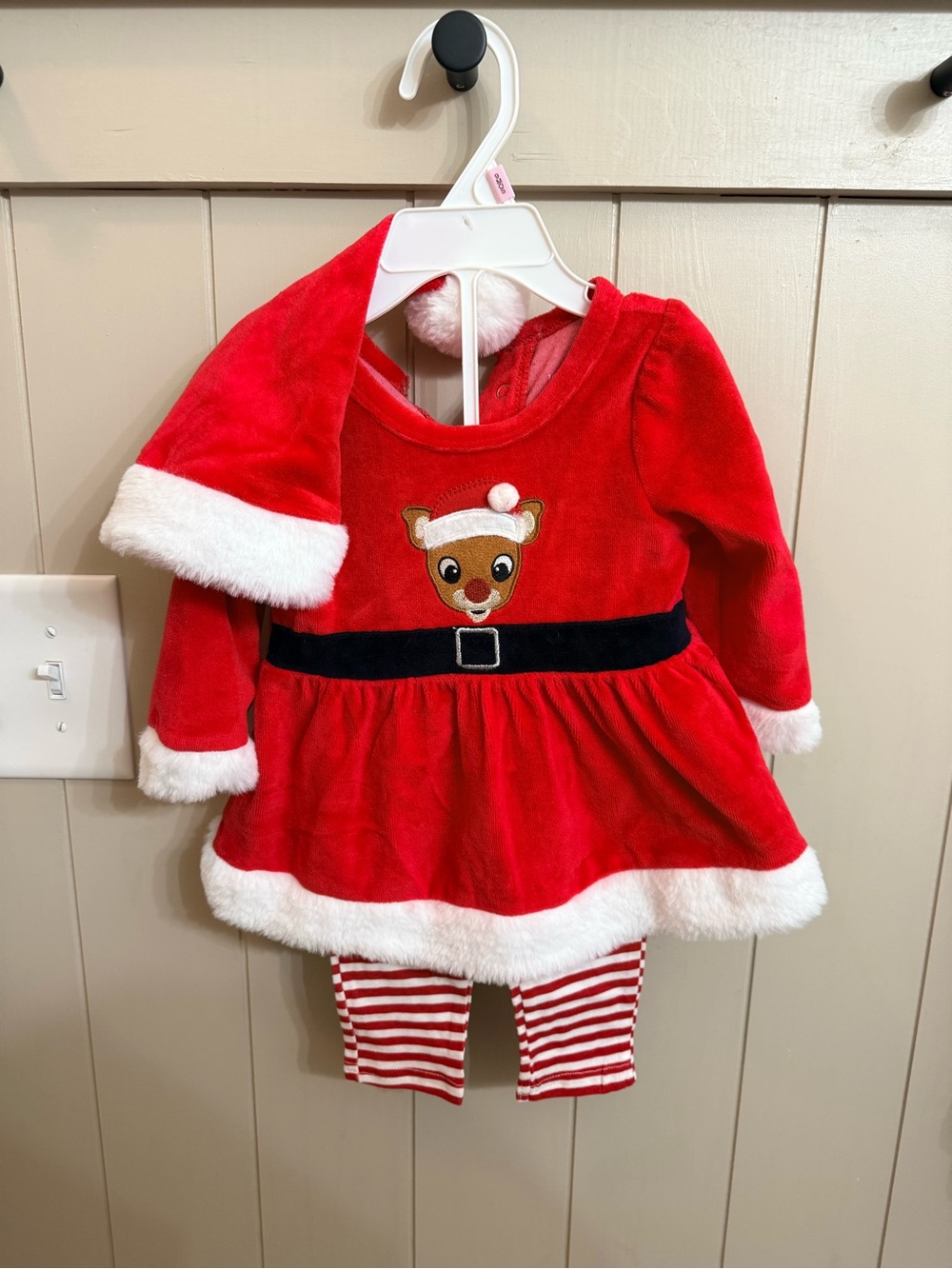 Kids Red Reindeer Santa Dress Costume with Hat and Striped Leggings